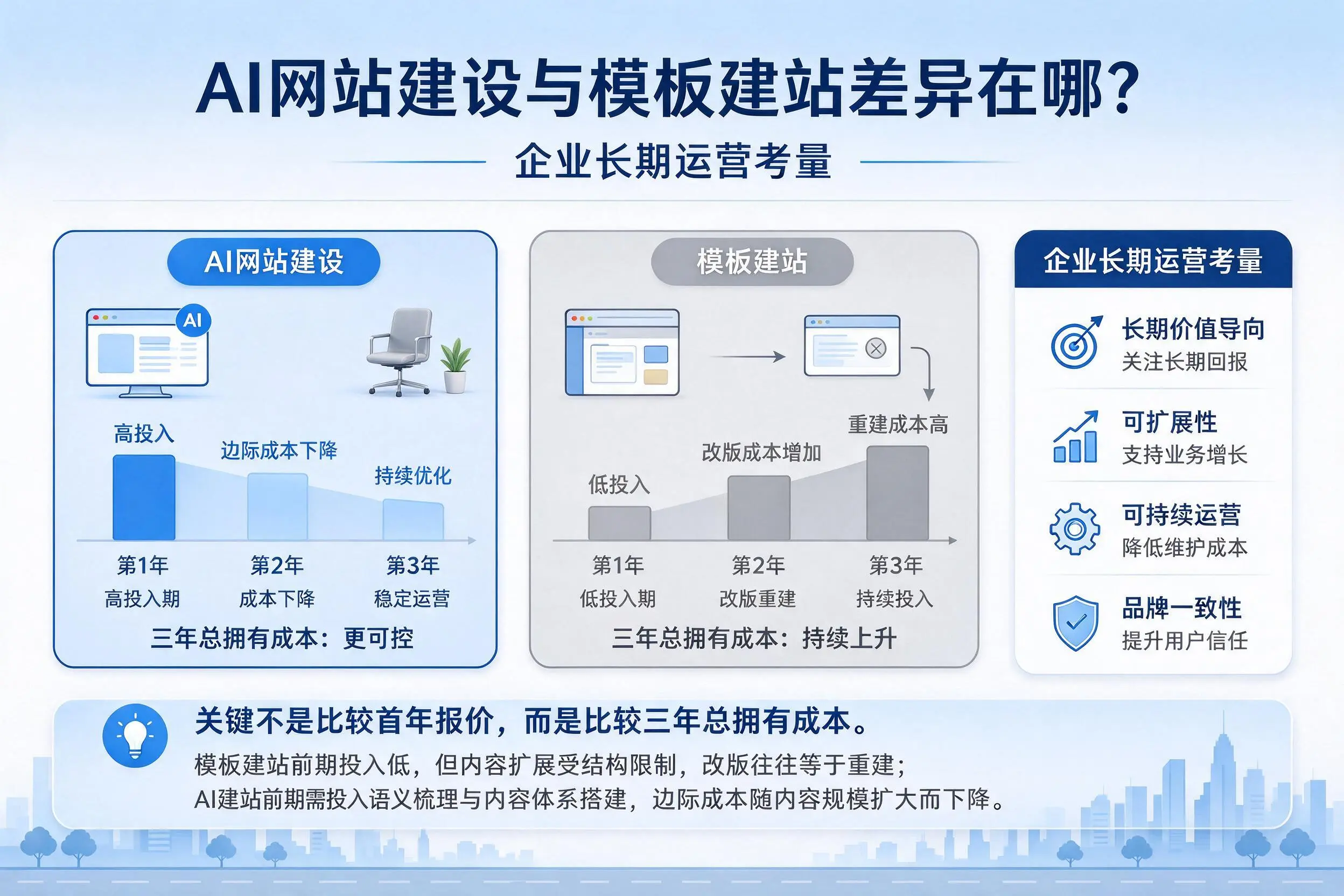 AI网站建设与模板建站差异在哪？鸡西企业长期运营考量